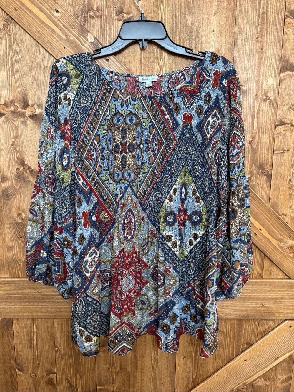 Floral & Ivy Women’s 1X Paisley Boho Tunic Blouse Blue Red 3/4 Sleeve (9323)
